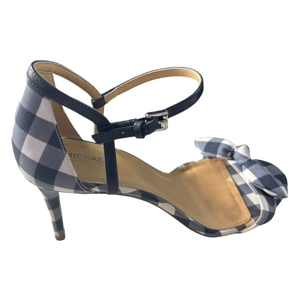 Michael Kors Pippa Sandals Women 9M Admiral Blue White Gingham Bow Stiletto Heel